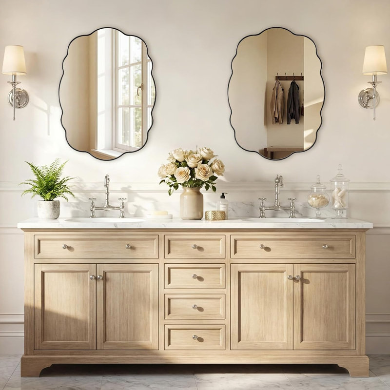Miroir festonné chromé ondulé - miroir de salle de bain ovale moderne de 24 x 32 pouces, miroir mural irrégulier unique avec cadre en métal SUS robuste