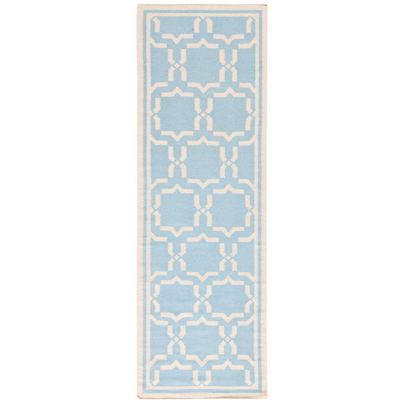 Rodgers Hand Woven Flat Weave Wool/Cotton Geometric Rug in Light Blue/Ivory, Runner 2'6" x 6'