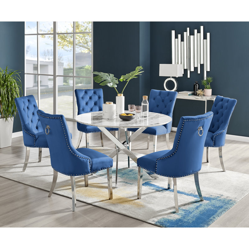 Tierra Modern Chrome Metal & Glass Round Dining Table Set with 6 Luxury Button Velvet Chairs, Marble, Black