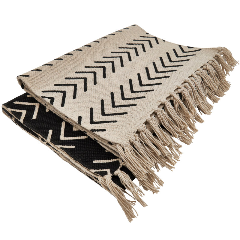 Beige Cotton Chevron Design Table Runner with Fringe