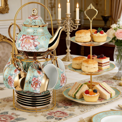 Service à thé en porcelaine à motif floral européen 21 pièces avec support à gâteau à 3 niveaux et support en métal | Ensemble complet de théière en céramique pour les parties de thé, le thé de l'après-midi et les cadeaux élégants