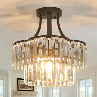 Plafonnier semi-encastré moderne et luxueux à 3 lumières, 2 niveaux, 13,38 po, à intensité variable, en cristal, pour entrée ou couloir.