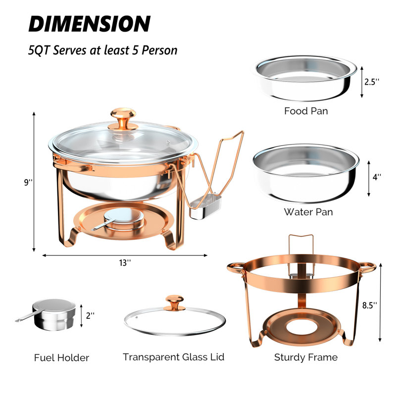 5 réchauds ronds en acier inoxydable 4 pintes avec couvercle en verre, Or rose