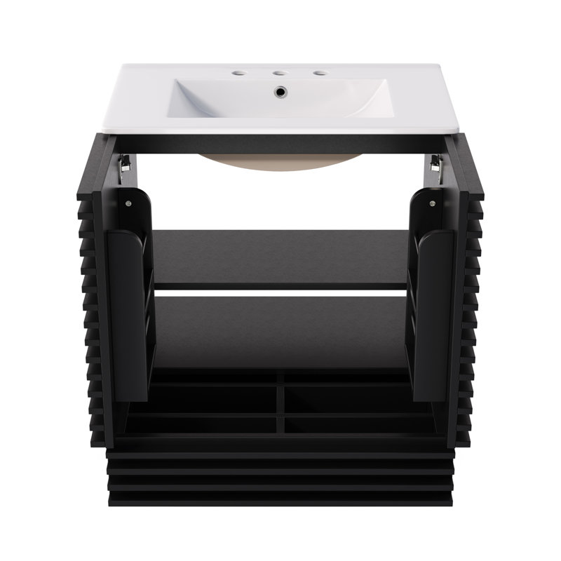 Meuble-lavabo de 76 cm avec lavabo en céramique, meuble de salle de bain autoportant avec 2 portes cannelées et 1 tiroir, étagère de rangement à double porte, séparateur de tiroir amovible, meuble-lavabo moderne