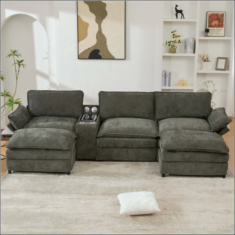 Canapé modulaire en U en forme de U, console de rangement et chargement sans fil, 2 porte-gobelets, haut-parleurs Bluetooth, 2 repose-pieds mobiles, main courante réglable, siège mobile, chenille