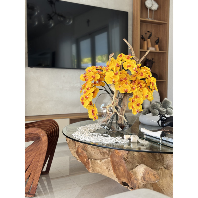Vase en verre 16 "avec orchidées jaunes et bois de grève, Jaune