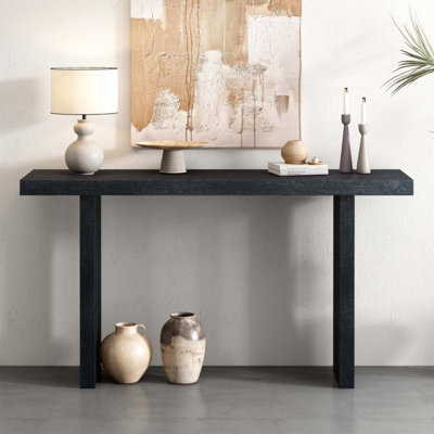 Console en placage de chêne de conception unique avec des formes latérales distinctives, convenant à un vestibule, un couloir, un salon, un vestibule, un couloir