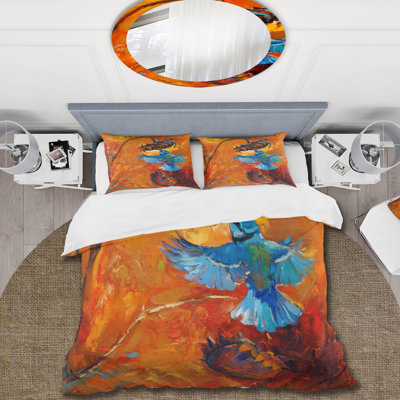 Blue Hummingbird On Orange - Traditional Duvet Cover Set - Microfiber Polyester
