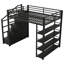 Lit mezzanine double en métal avec tablettes de rangement, armoires et garde-robe, noir
