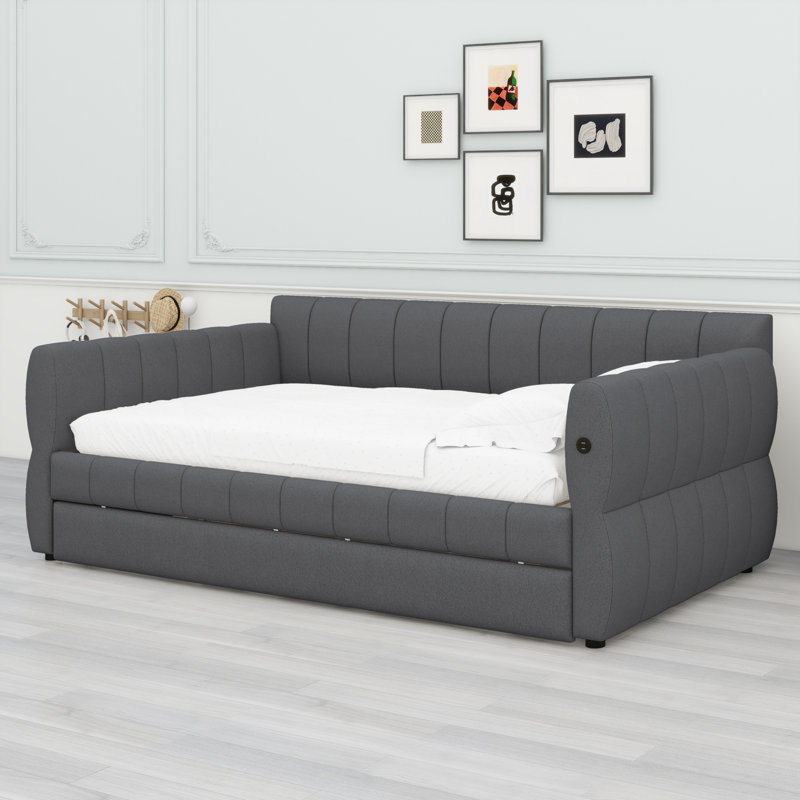 Lit plateforme tapissier moderne avec lit gigogne et station de charge USB intégrée, Gris