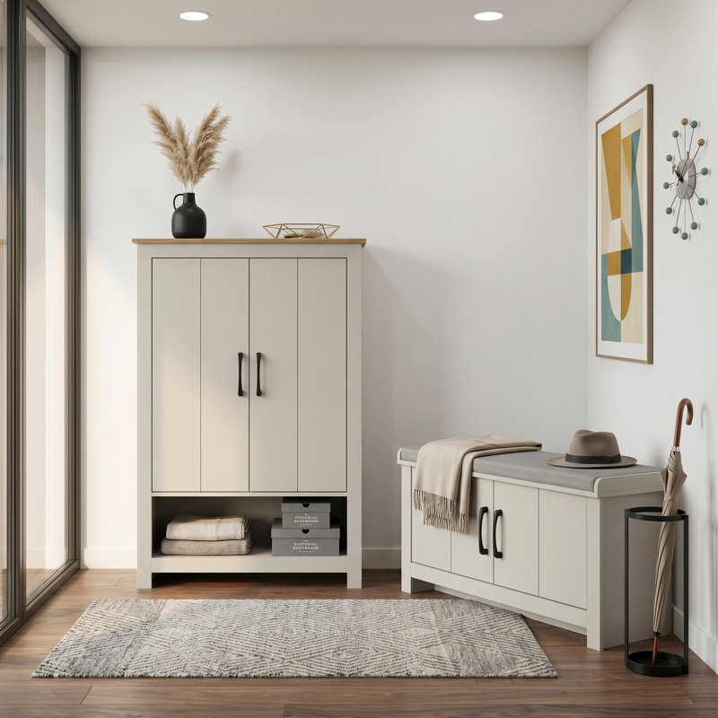 Limestone Entryway Shoe Bench And 3Ft Storage Cabinet Set   , Light Grey