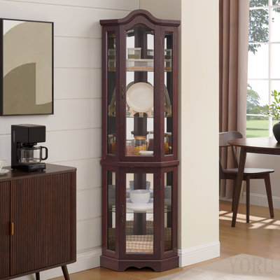 Vitrine de coin lumineuse avec portes et tablettes en verre trempé - rangement élégant en chêne pour le salon et la chambre à coucher - cerisier foncé