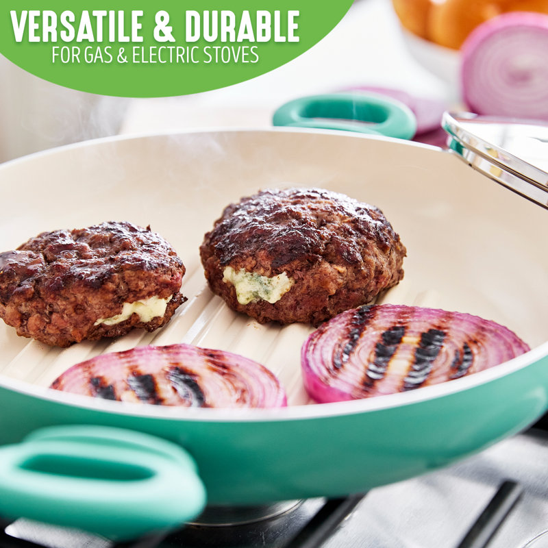 Poêle gril en céramique antiadhésive de 11 po avec 2 poignées et couvercle GreenLife Soft Grip, Turquoise