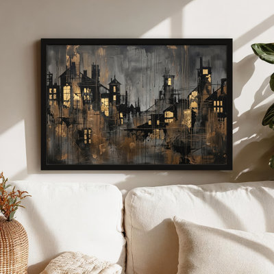 Art mural sur toile noir encadré pour le salon, la chambre à coucher, le bureau ou le vestibule - décoration murale décorative avec nuit urbaine