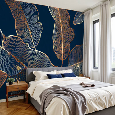 Papier peint auto-adhésif, feuilles de palmier bananier, forêt tropicale tropicale, cuivre, or, peintures murales H 100 po x l 144 po, papier peint amovible en PVC, adhésif mural pour chambre à coucher, bureau à domicile