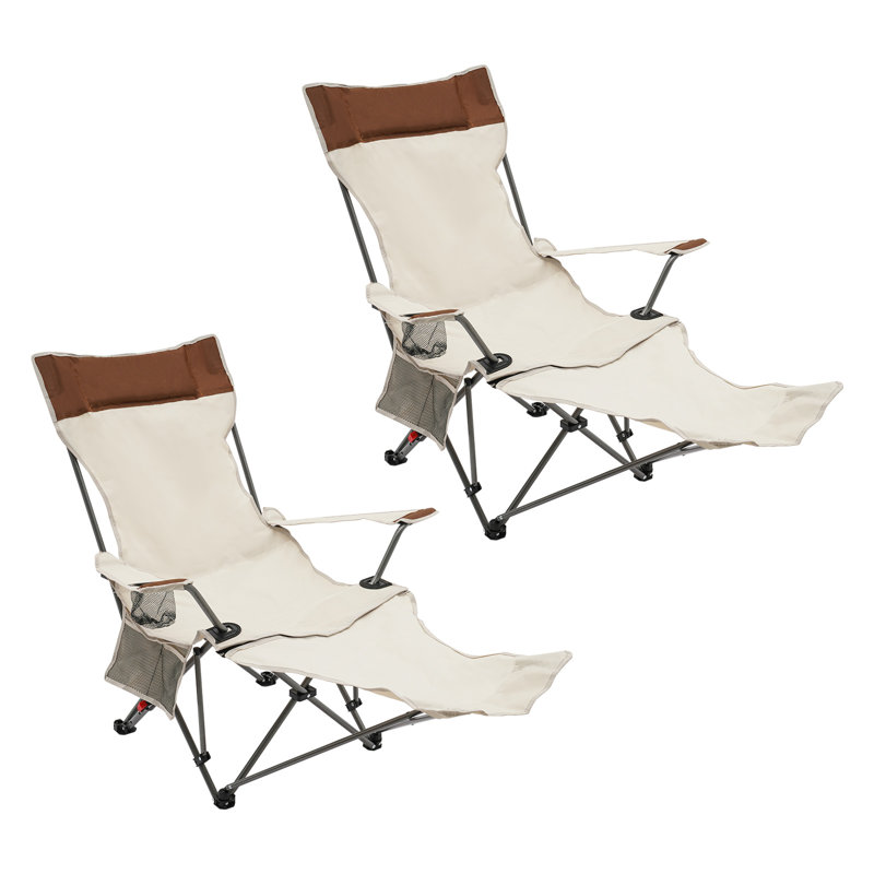 Set of 2 Beige and Brown Adjustable Folding Reclining Camping Chairs