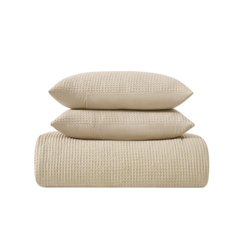 Textured Waffle Weave Comforter Set, King Comforter + 2 King Shams, Beige