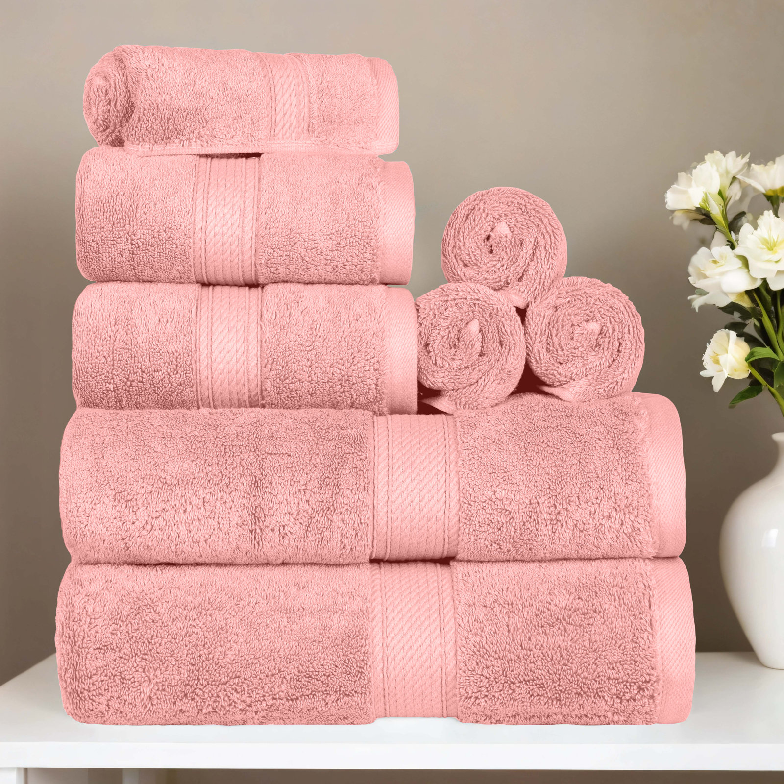 Renata 8-Piece Egyptian Cotton Towel Set, Tea Rose
