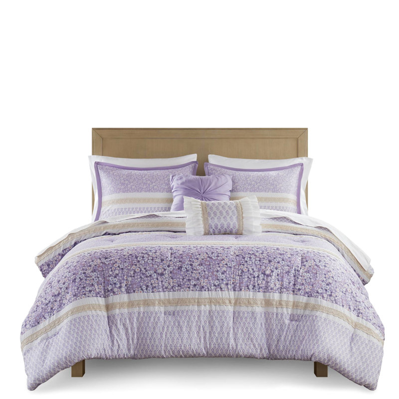 Édredon 5 pièces très grand / très grand avec coussins décoratifs - Édredon en microfibre, imprimés botaniques de style et volants en dentelle, rembourrage, lavable à la machine, emballage compressé, rembourré,