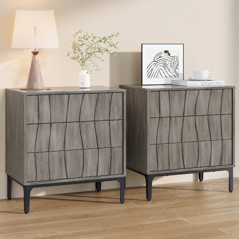 Mid-Century Modern 3-Drawer Nightstand with Textured Wood Fronts Set of 2, Set of 2, Gray Oak