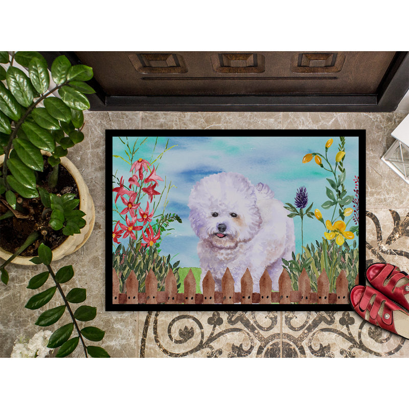 Tapis de porte pour l’extérieur antidérapant bichon bichon frisé spring, Rectangle 1 pi 6 po x 2 pi 3 po