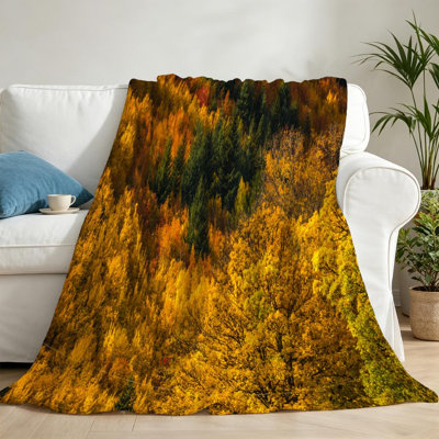 Jeté en molleton jaune flanelle ultra doux jaune, paysage d'automne avec imprimé recto