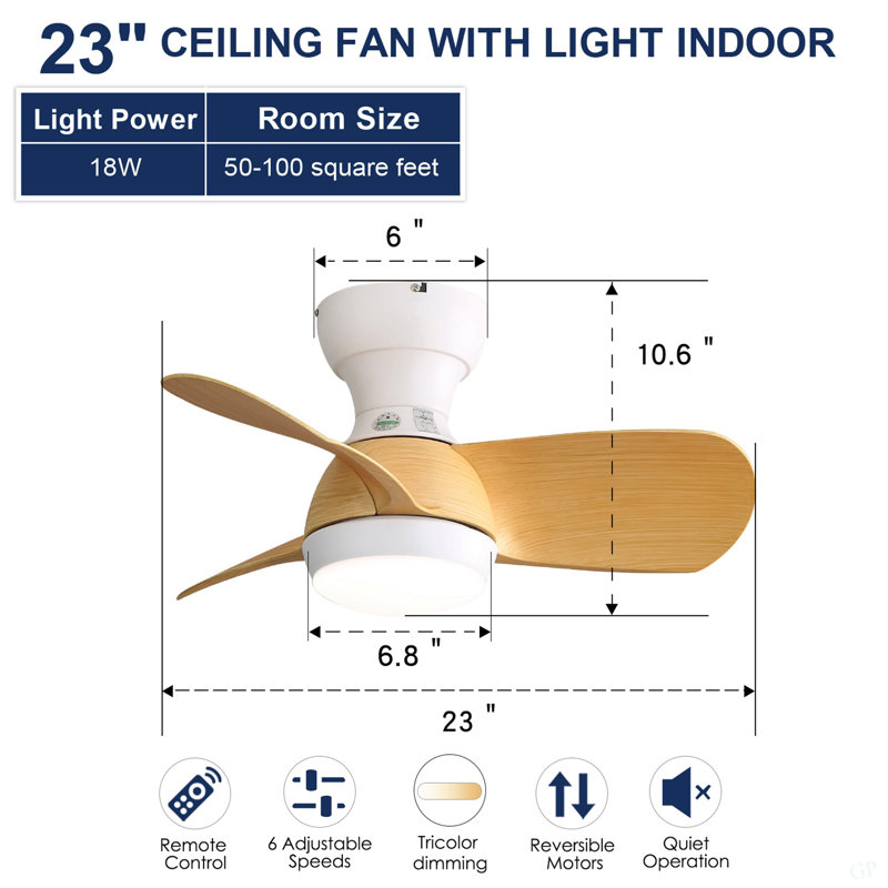 Mini ventilateur de plafond à DEL 23 pouces avec 3 pales en ABS, moteur à télécommande pour chambre à coucher