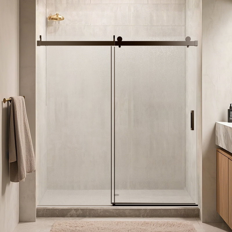 Shower Door 68-72 In W X 76In H, Frameless Single Sliding With Soft-Close 3/8 In Tempered Glass Door, Black