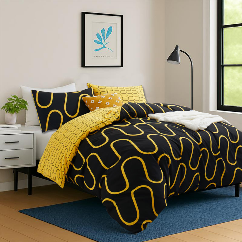 Imperial Homeware London Microfiber Duvet Cover Set with Pillowcases Included, Ochre/Black Wave