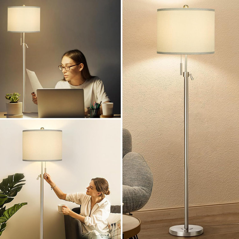 Lampe sur pied à hauteur réglable avec abat-jour en lin gris et ampoule à DEL à intensité variable à 3 voies, base en métal robuste pour le salon, la chambre à coucher ou le bureau