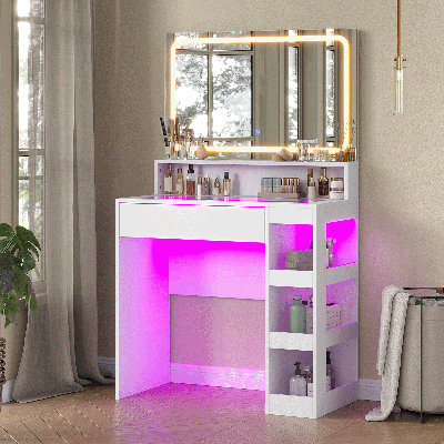 Bureau de meuble-lavabo avec miroir lumineux et prise de courant, commode de chambre à coucher, miroir à DEL réglable en continu et 3 modes de couleur réglables, plateau en verre trempé à DEL, tablettes de rangement de grande capacité, blanc