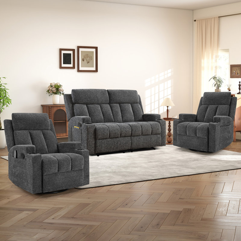 Ensemble de salon 3 pièces inclinable manuel moderne avec deux fauteuils inclinables, berçants, inclinables et inclinables