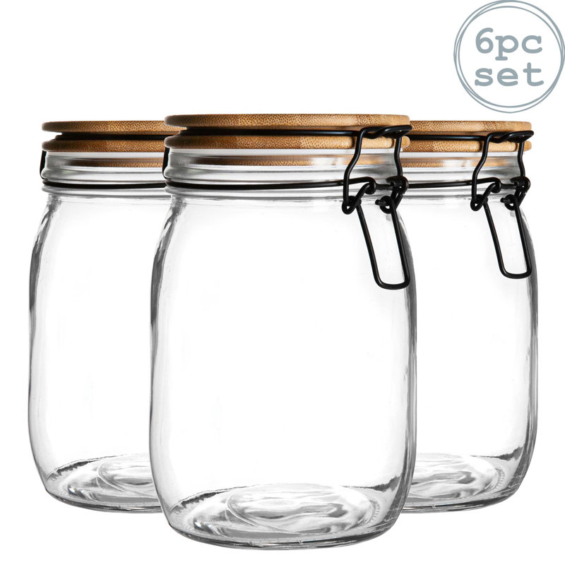 Argon Tableware - Wooden Clip Lid Storage Jars - White Seal - Set of 6, 17cm H x 11cm W x 13cm D