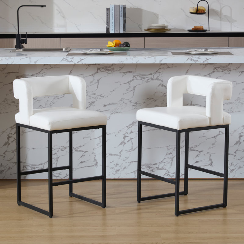 26’’ Upholstered Faux Leather Hollow Back Counter Stool With Metal Frame, Modern Round Arms Counter Height Bar Stool For Kitchen Island/Dining Room/Home Pub
