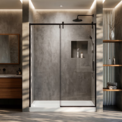 Porte de douche coulissante demi-cadre l 56-60 "x H 76" | Verre trempé transparent de 1/4 po certifié ANSI | Poignée en alliage d'aluminium de qualité supérieure | Installation réversible | Résistant aux fuites
