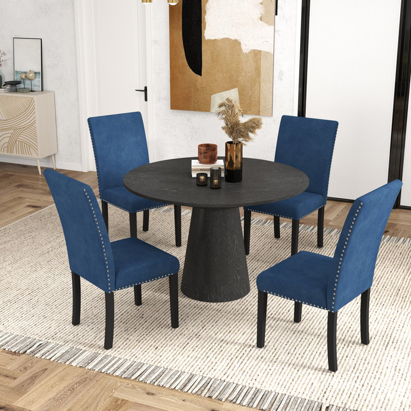 Gresia Romero 5-Piece Round Dining Set, Pedestal Dining Table with 4 Velvet Chairs, Blue/Black