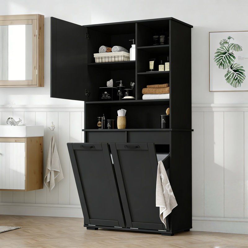Cbinet de salle de bain haut et large avec plusieurs espaces de rangement, porte et panier à linge inclinable avec panier en tissu