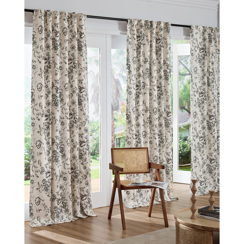 Linen Blackout Peony Flower Printed Rod Pocket Curtain Pair, 50" W x 84" L, Black