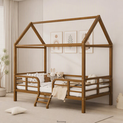 Lit cabane double en métal avec toit, barrières de sécurité, échelle et cadre en acier imitation bois, fini noyer