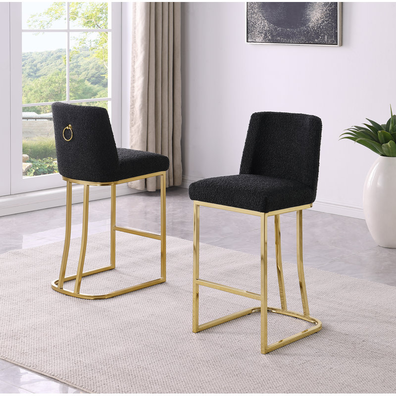 Tabourets de bar et de comptoir en tissu bouclé Teddy avec base, Siège noir / Cadre doré