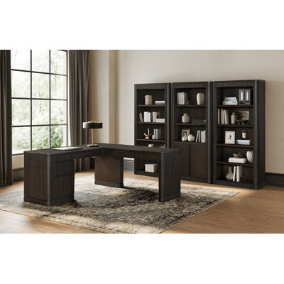 Cooperstown Pedestal L-Desk, Pedestal L-Desk with Open Return, Pedestal Desk, Office Desk, Brown by Hokku Designs