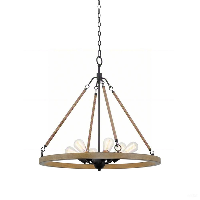 Lustre de style campagne moderne 28 pouces à 6 lumières en corde de chanvre naturel, style bouleau fumé et finition noire