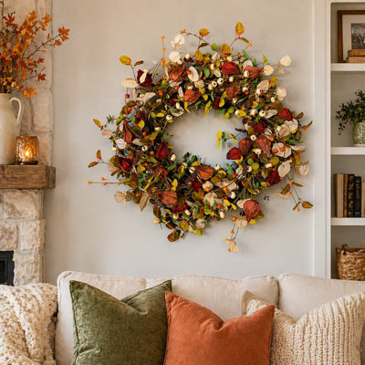 22" Artificial Farmhouse Fall Harvest Foliage Dried Leaves Berry Autumn Thanksgiving Day Front Door Wreath