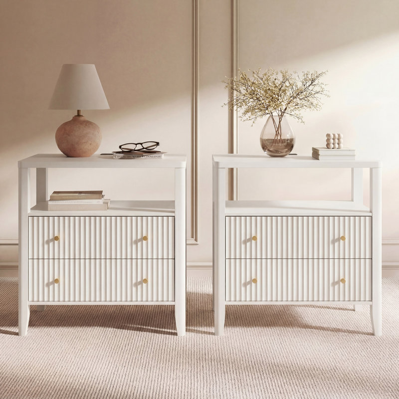 28" Fluted Nightstand Set Of 2 With Charging Station, 2 Drawers & Open Shelf, Solid Wood Legs,Cream White, Beige