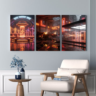 Neon Cyberpunk Cityscape Canvas Wrapped Wall Art Set Of 3 For Living Room Bedroom Or Office Decor