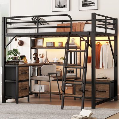 Full Size Loft Bed With Desk, And Storage Shelves, Metal Led Lights, Charge Station Safe Climbing Wardrobe, Featuring Robust Support For Heavy Loads