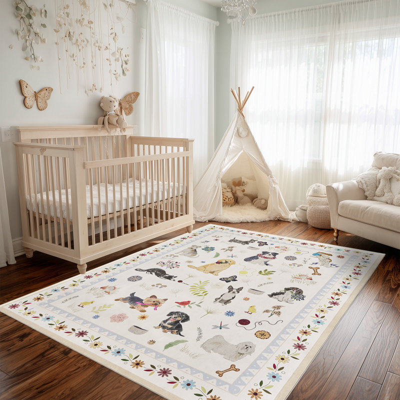 Tapis d'intérieur lavable blanc avec chiot blanc, Rectangulaire 8 pi x 10 pi, Blanc