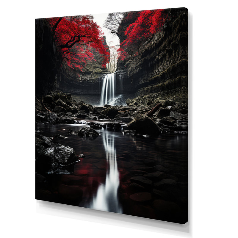 Grey And Red Waterfall Of Eternity II - Landscapes Canvas Wall Art, Wrapped Canvas, 32" H x 16" W x 1" D