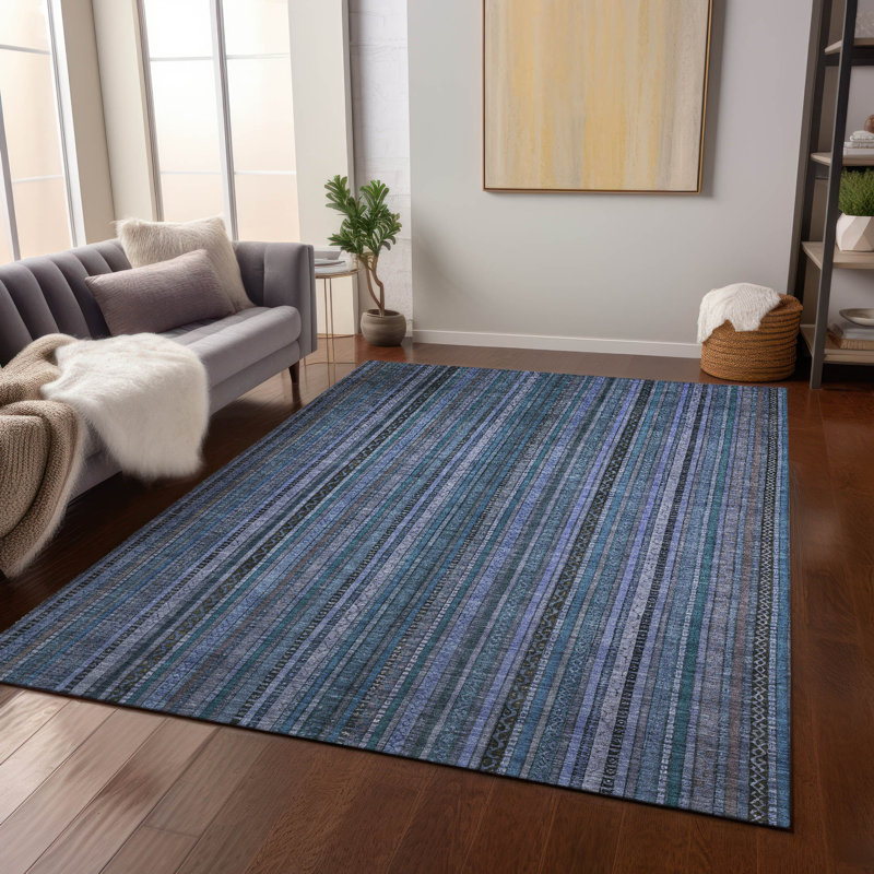 Blue and White Striped Washable Synthetic Indoor/Outdoor Rug 2'6" x 3'10"