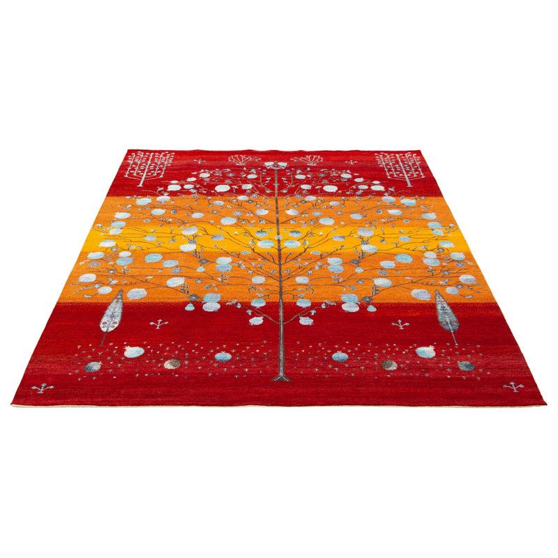 Tapis décoratif rouge/orange/bleu clair de conception unique 8 pi 1 po x 10 pi noué à la main New Age